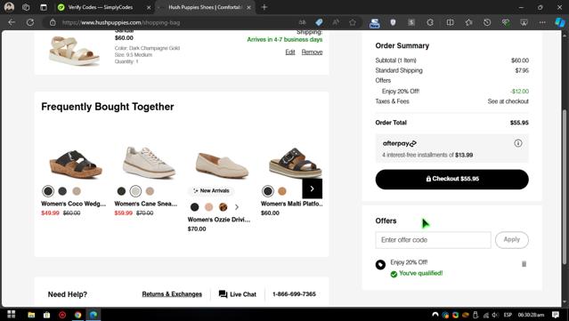 Hush Puppies checkout page showing Hush Puppies promo code box | Screenshot taken by SimplyCodes community member on Sep 9, 2024