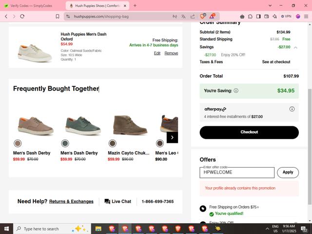 Hush Puppies checkout page showing Hush Puppies promo code box | Screenshot taken by SimplyCodes community member on Jan 17, 2025
