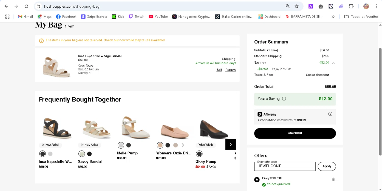 Hush Puppies promo code screenshot showing code HPWELCOME applied at Hush Puppies checkout page. Uploaded by SimplyCodes community member ronaldhernandez on Apr 28, 2025
