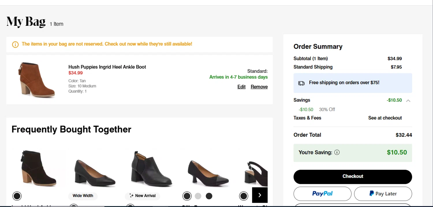 Hush Puppies promo code screenshot showing code FRIDAY30 applied at Hush Puppies checkout page. Uploaded by SimplyCodes community member juanisaac on Nov 24, 2025