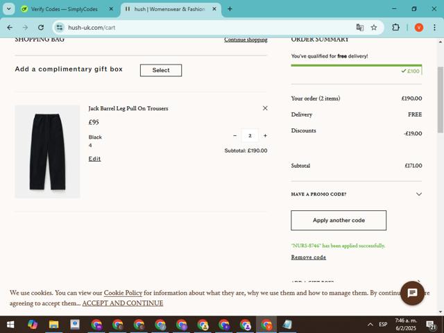Hush UK checkout page showing Hush UK promo code box | Screenshot taken by SimplyCodes community member on Feb 6, 2025