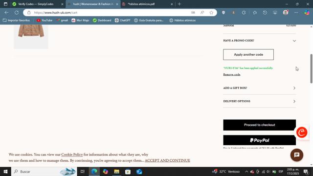 Hush UK checkout page showing Hush UK promo code box | Screenshot taken by SimplyCodes community member on Feb 17, 2025