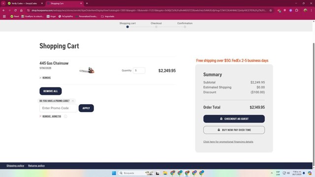 Husqvarna checkout page showing Husqvarna promo code box | Screenshot taken by SimplyCodes community member on Jul 18, 2025