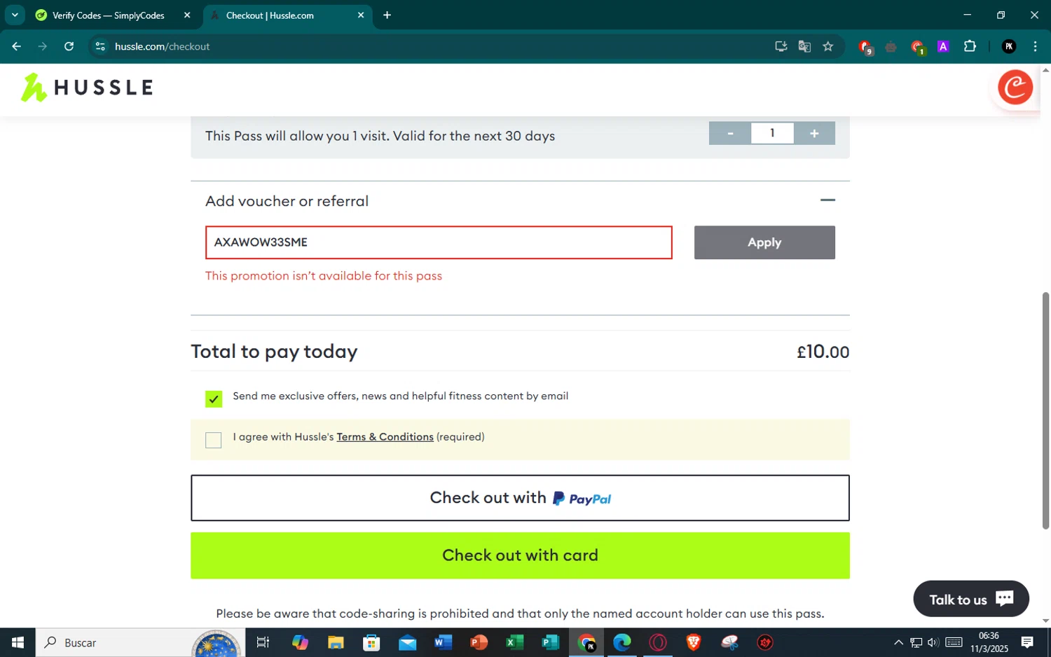 Hussle promo code screenshot showing code AXAWOW33SME applied at Hussle checkout page. Uploaded by SimplyCodes community member CristianoRonaldoDosSantos on Mar 11, 2025