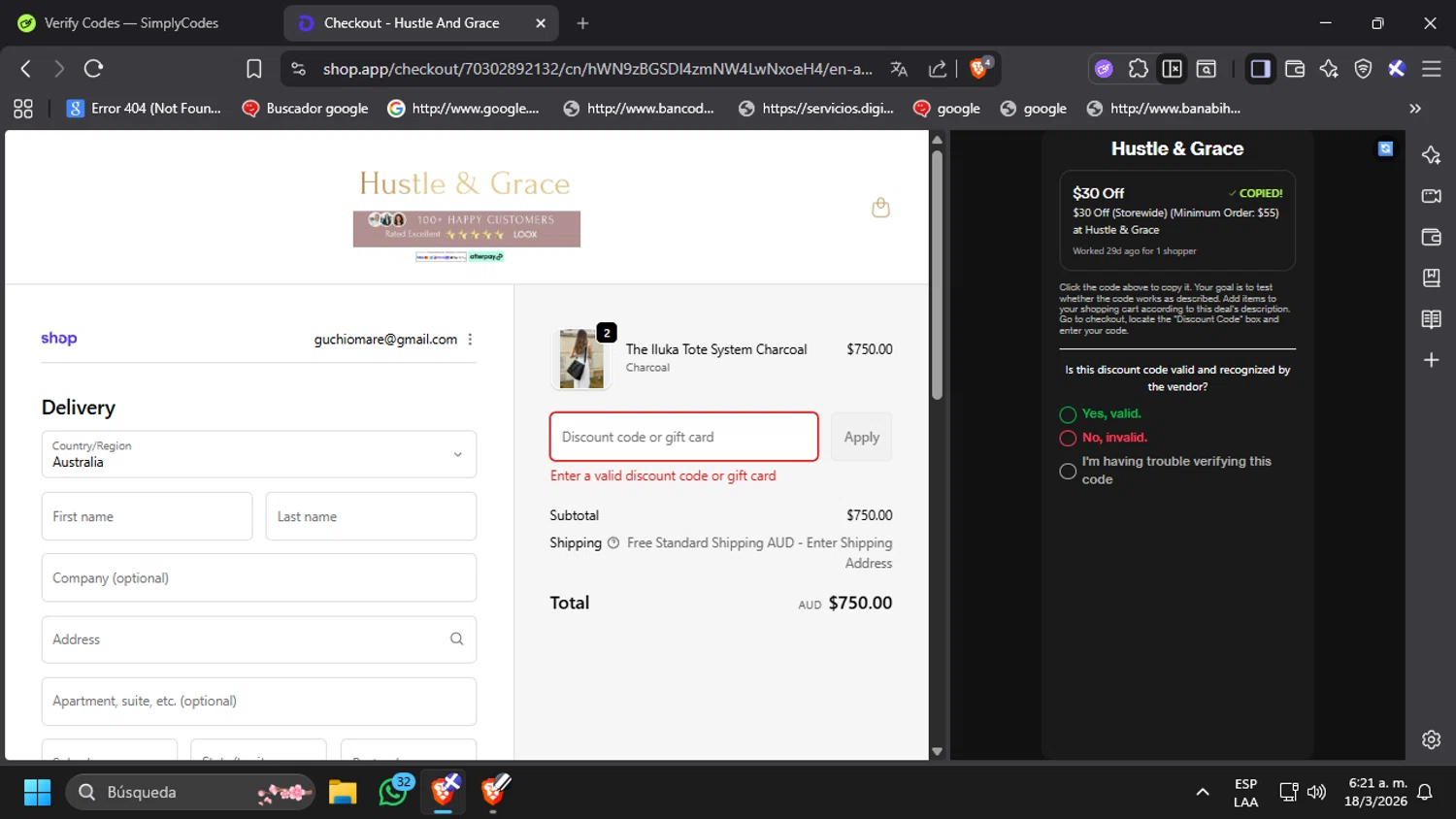 Hustle & Grace promo code screenshot showing code SIGNUP30 applied at Hustle & Grace checkout page. Uploaded by SimplyCodes community member elpuma on Mar 18, 2026