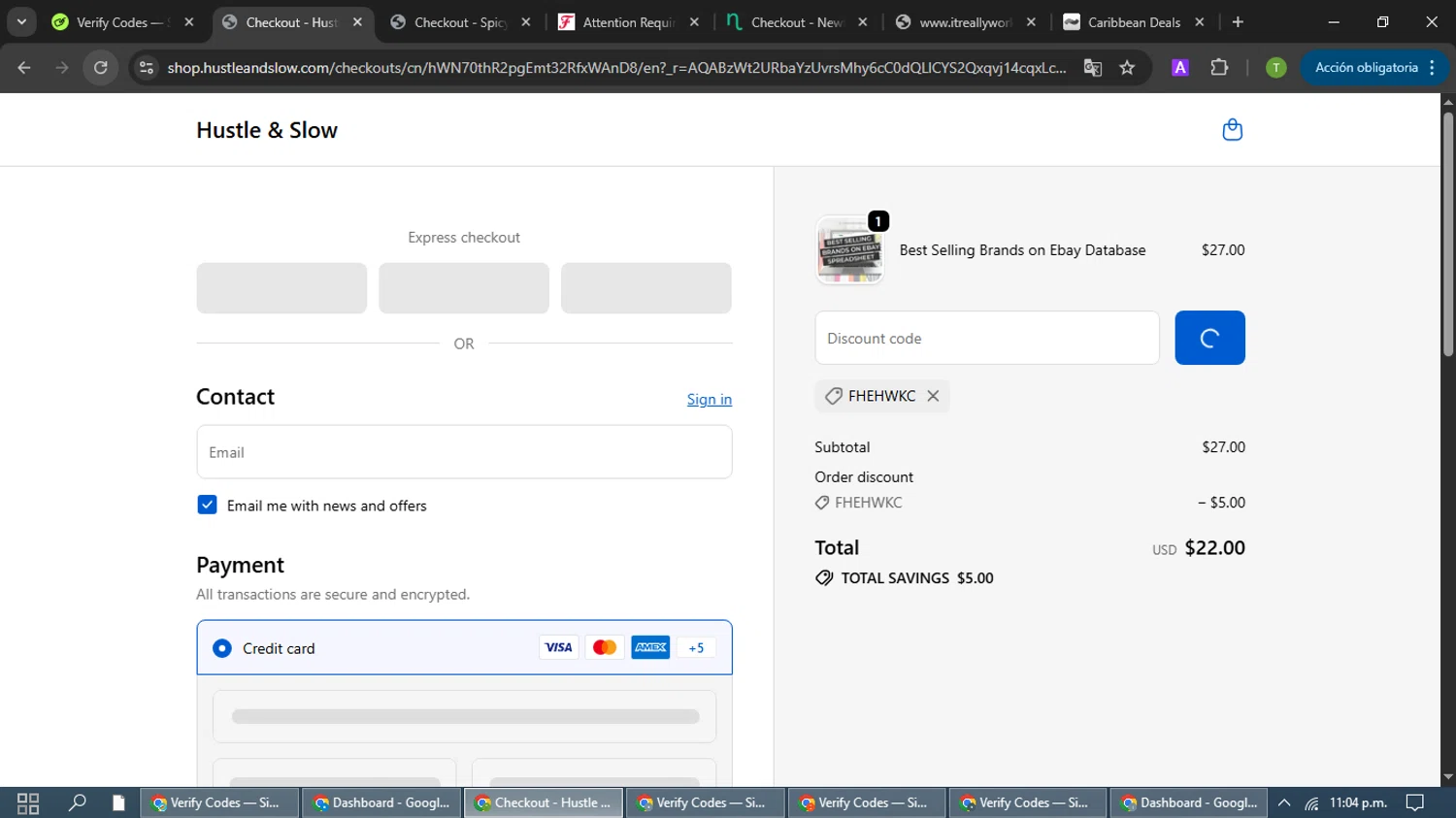 Hustle & Slow promo code screenshot showing code FHEHWKC applied at Hustle & Slow checkout page. Uploaded by SimplyCodes community member CodeDefender2722 on Dec 30, 2025