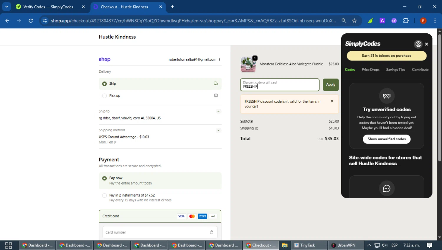 Hustle Kindness promo code screenshot showing code FREESHIP applied at Hustle Kindness checkout page. Uploaded by SimplyCodes community member robertotorrealba on Jan 30, 2026