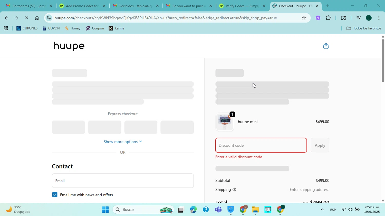 Huupe promo code screenshot showing code HUUPE25 applied at Huupe checkout page. Uploaded by SimplyCodes community member ABHF23 on Sep 19, 2025