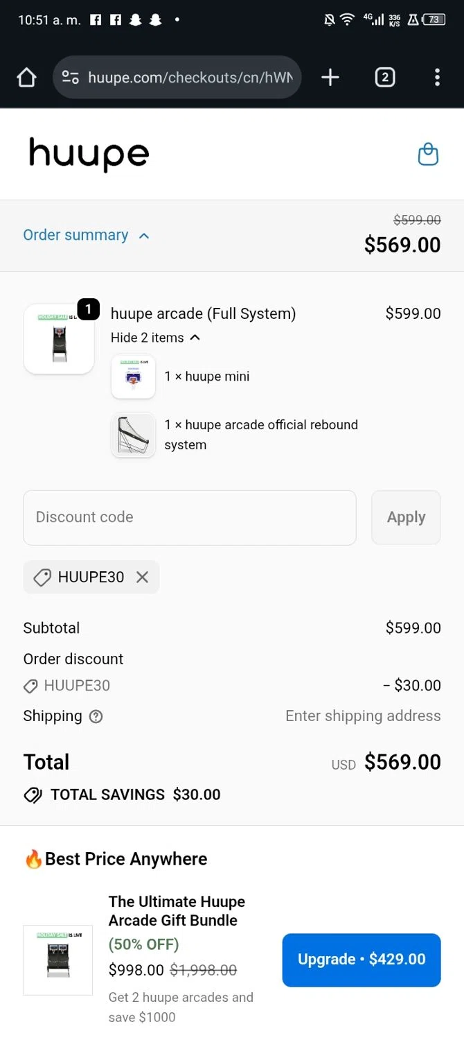 Huupe promo code screenshot showing code HUUPE30 applied at Huupe checkout page. Uploaded by SimplyCodes community member JandryV on Dec 22, 2025