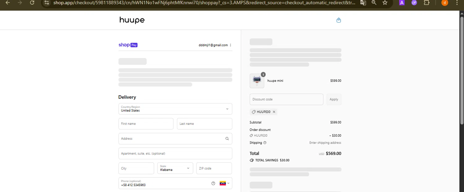 Huupe promo code screenshot showing code HUUPE30 applied at Huupe checkout page. Uploaded by SimplyCodes community member PennyAdmiral6960 on Aug 3, 2025