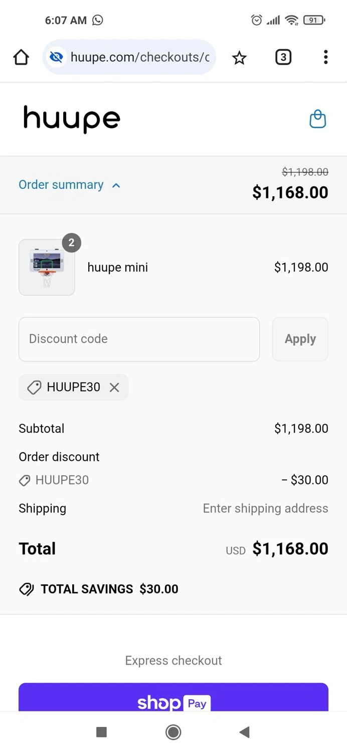 Huupe promo code screenshot showing code HUUPE30 applied at Huupe checkout page. Uploaded by SimplyCodes community member Piolin on May 10, 2025