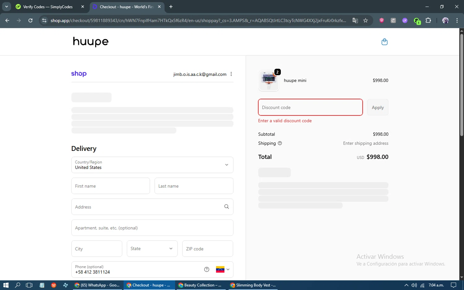 Huupe promo code screenshot showing code CSAVE applied at Huupe checkout page. Uploaded by SimplyCodes community member kakarotto on Jan 5, 2026