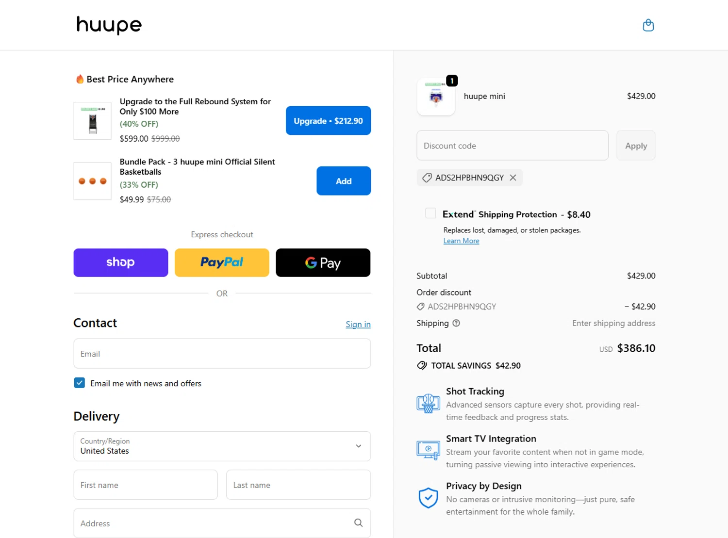 Huupe promo code screenshot showing code ADS2HPBHN9QGY applied at Huupe checkout page. Uploaded by SimplyCodes community member ivantorres on Dec 18, 2025