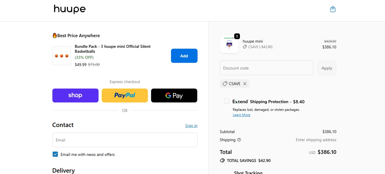 Huupe promo code screenshot showing code CSAVE applied at Huupe checkout page. Uploaded by SimplyCodes community member yilmamalave on Dec 18, 2025