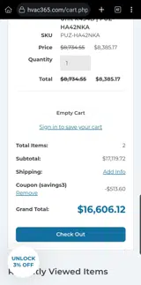 HVAC365 coupon verification screenshot