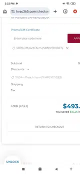HVAC365 coupon verification screenshot