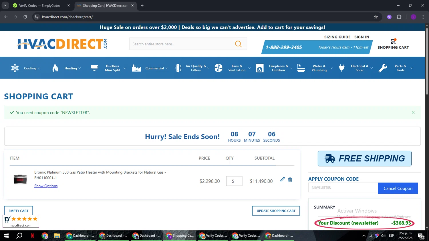 HVAC Direct promo code screenshot showing code NEWSLETTER applied at HVAC Direct checkout page. Uploaded by SimplyCodes community member ComeBurra123 on Feb 25, 2026