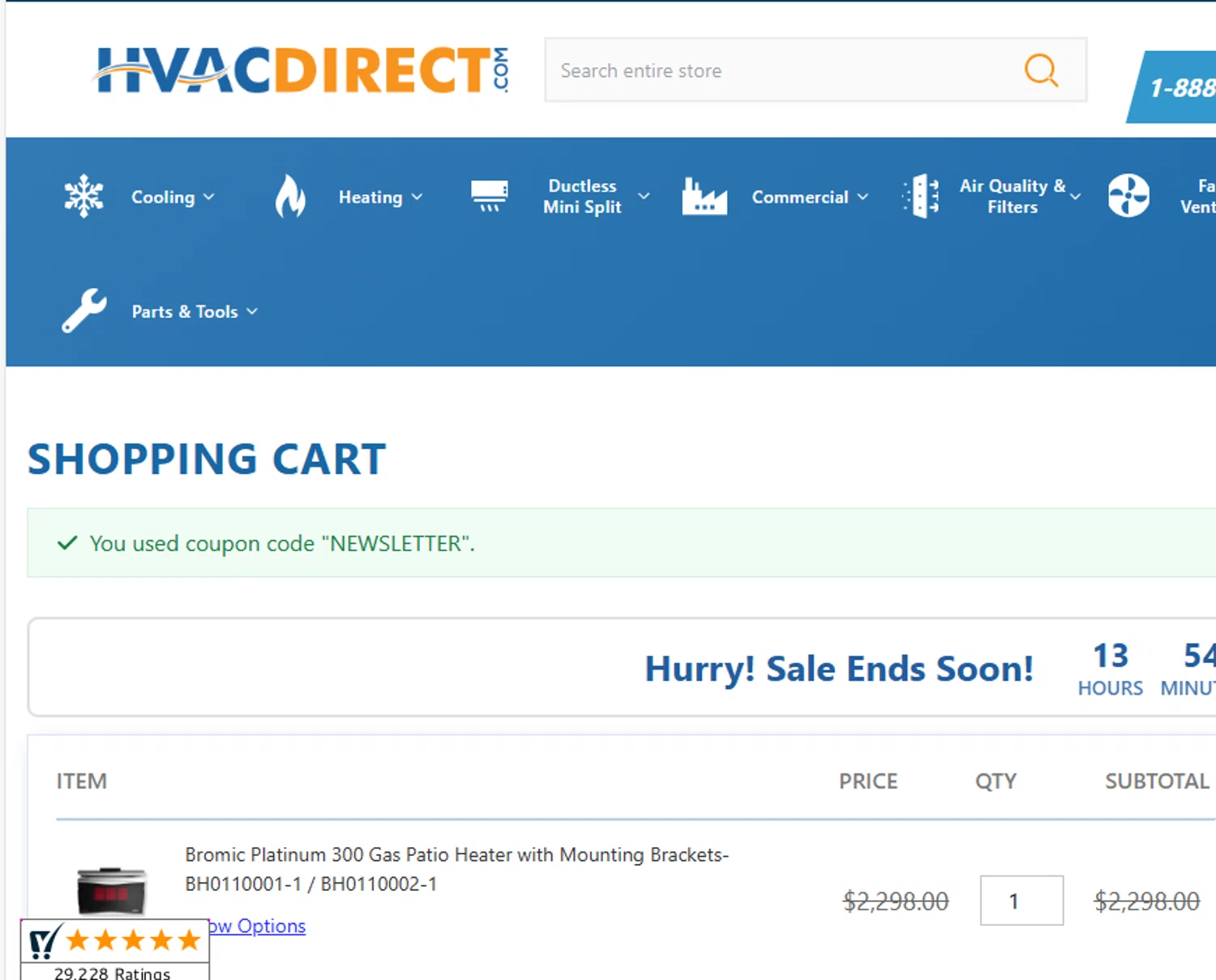 HVAC Direct coupon code screenshot showing code NEWSLETTER applied at HVAC Direct checkout page. Uploaded by SimplyCodes community member Loki_Odinson on Jan 29, 2026