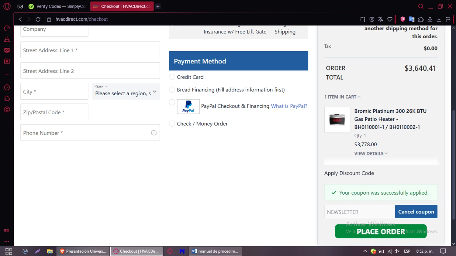 HVAC Direct coupon code screenshot showing code NEWSLETTER applied at HVAC Direct checkout page. Uploaded by SimplyCodes community member RewardLion134 on Aug 2, 2025