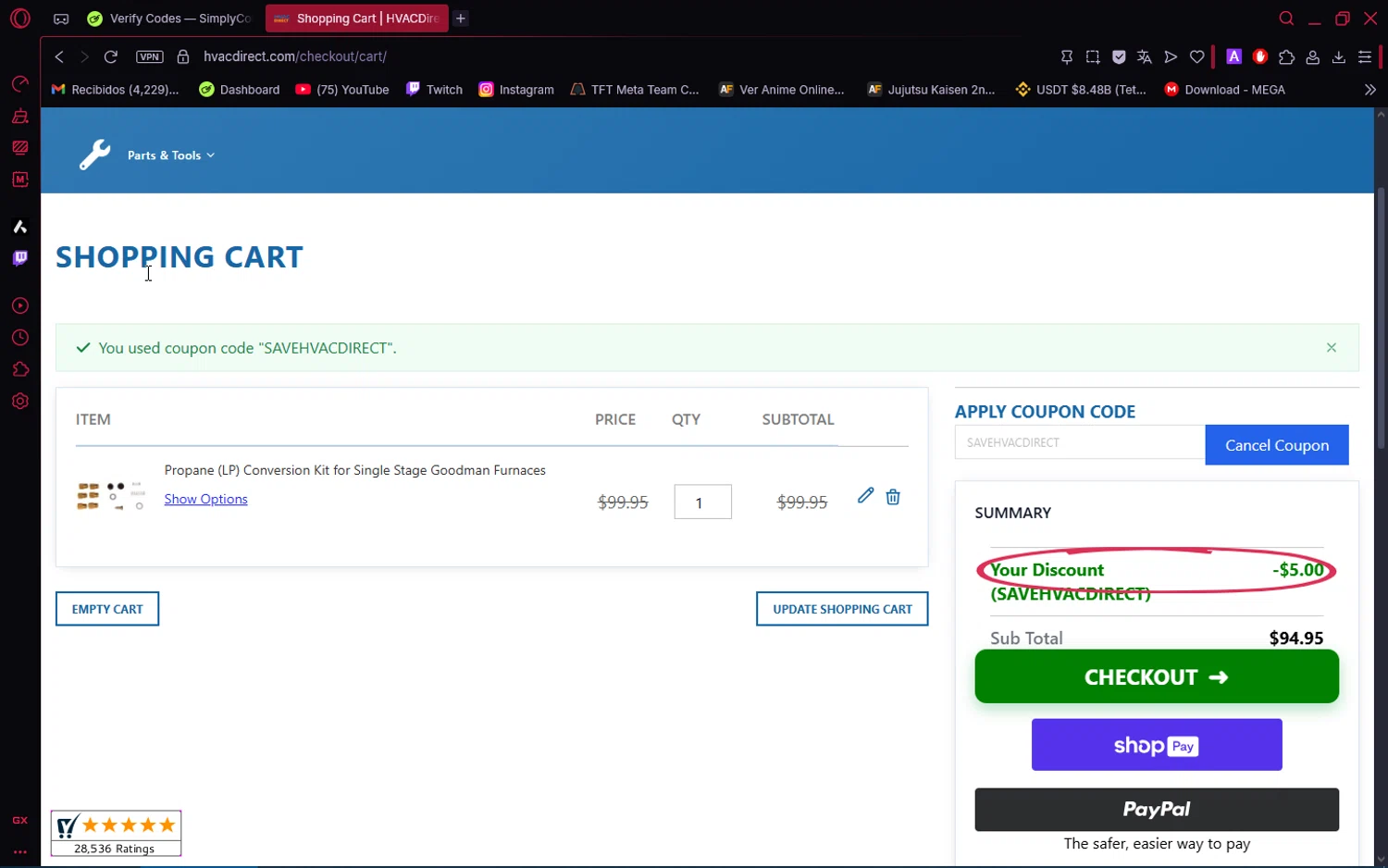 HVAC Direct coupon code screenshot showing code SAVEHVACDIRECT applied at HVAC Direct checkout page. Uploaded by SimplyCodes community member VoucherAce8469 on Dec 16, 2025