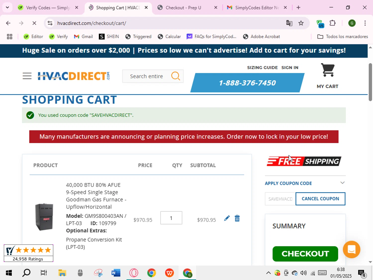 HVAC Direct coupon code screenshot showing code SAVEHVACDIRECT applied at HVAC Direct checkout page. Uploaded by SimplyCodes community member RoyalVirtuoso7438 on May 1, 2025