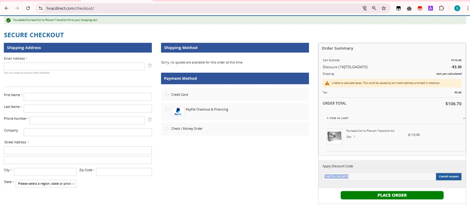 HVAC Direct coupon code screenshot showing code 1MJTDLG4GM70 applied at HVAC Direct checkout page. Uploaded by SimplyCodes community member Teamgorila on Apr 2, 2025