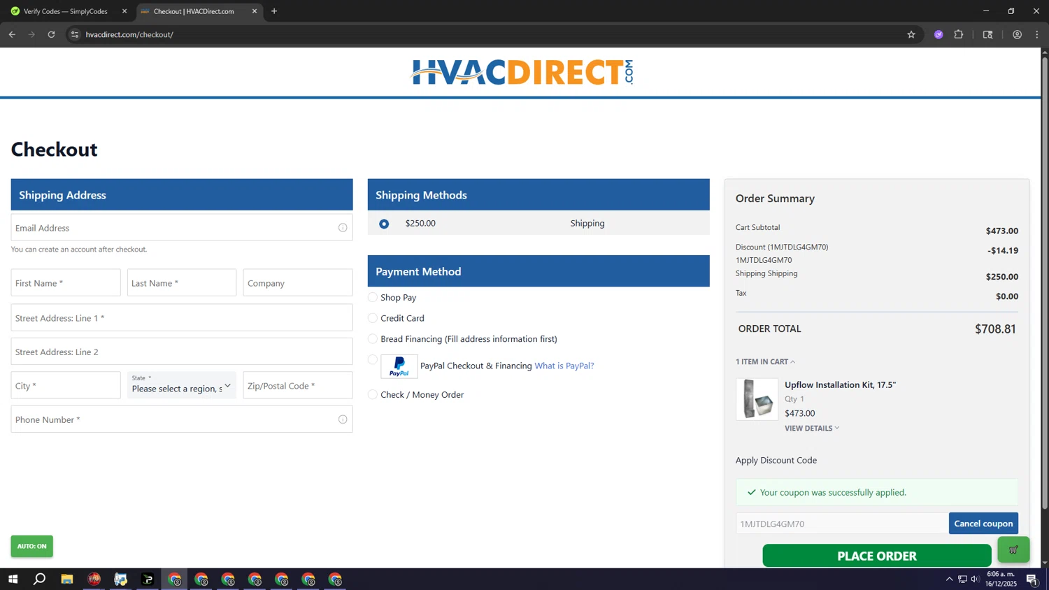 HVAC Direct checkout page showing HVAC Direct coupon code box | Screenshot taken by SimplyCodes community member on Dec 16, 2025