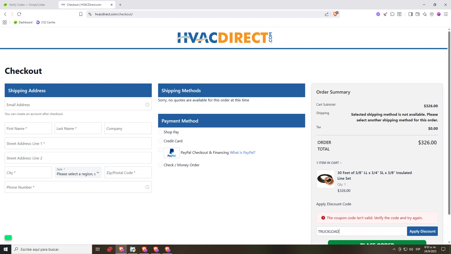 HVAC Direct coupon code screenshot showing code TRUCKLOAD applied at HVAC Direct checkout page. Uploaded by SimplyCodes community member Nezukooo on Sep 24, 2025