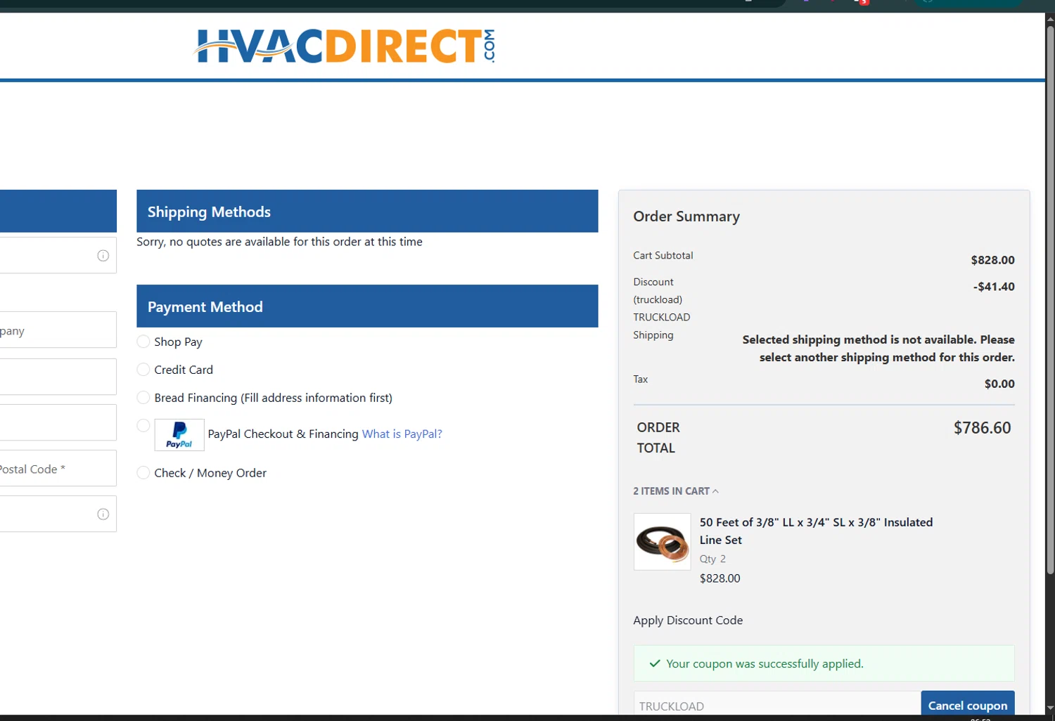 HVAC Direct coupon code screenshot showing code TRUCKLOAD applied at HVAC Direct checkout page. Uploaded by SimplyCodes community member PrimeFalcon5548 on Sep 24, 2025