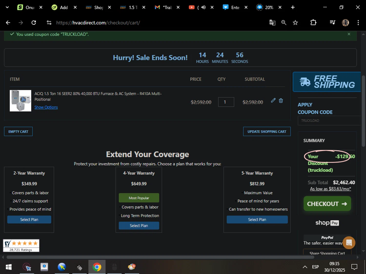 HVAC Direct coupon code screenshot showing code TRUCKLOAD applied at HVAC Direct checkout page. Uploaded by SimplyCodes community member MarcosAranguren on Dec 30, 2025