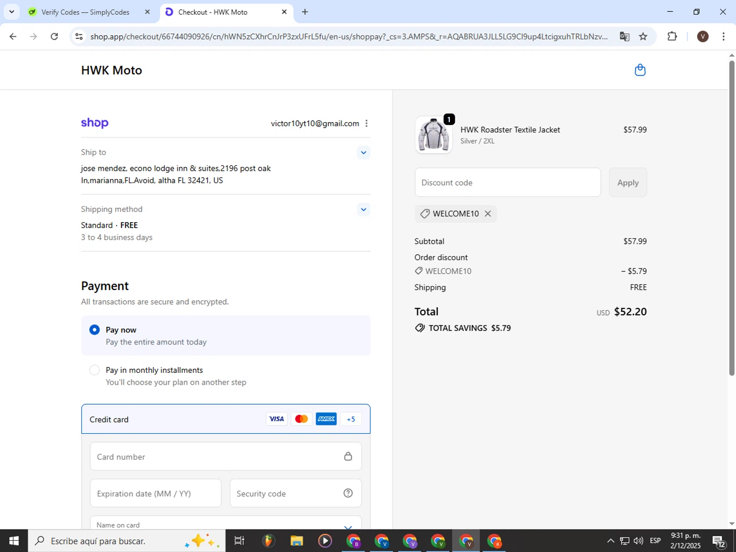 HWK Moto promo code screenshot showing code WELCOME10 applied at HWK Moto checkout page. Uploaded by SimplyCodes community member CashLion3448 on Dec 3, 2025