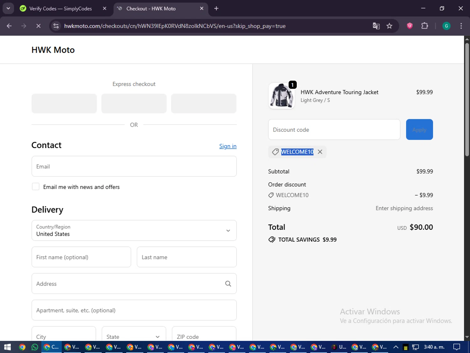 HWK Moto promo code screenshot showing code WELCOME10 applied at HWK Moto checkout page. Uploaded by SimplyCodes community member PennyFinder5759 on Sep 19, 2025