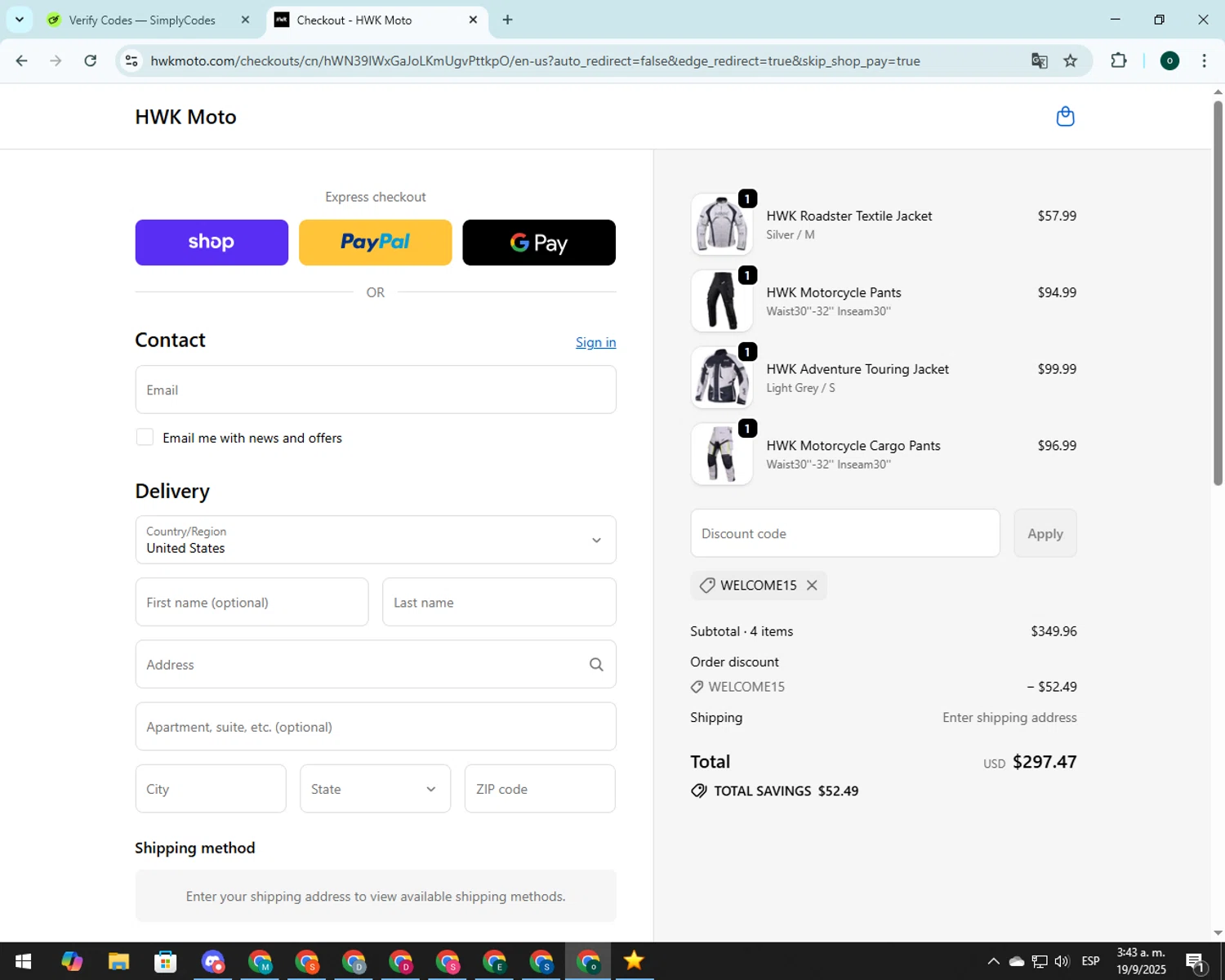 HWK Moto promo code screenshot showing code WELCOME15 applied at HWK Moto checkout page. Uploaded by SimplyCodes community member 00000008 on Sep 19, 2025