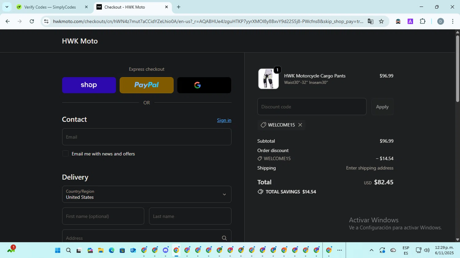 HWK Moto promo code screenshot showing code WELCOME15 applied at HWK Moto checkout page. Uploaded by SimplyCodes community member ScanMaven5756 on Nov 6, 2025