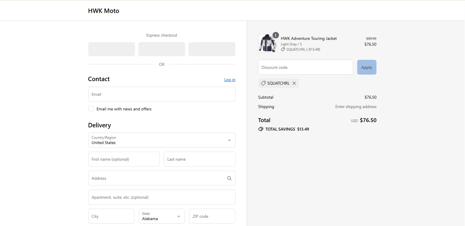 HWK Moto promo code screenshot showing code SQUATCHRL applied at HWK Moto checkout page. Uploaded by SimplyCodes community member kalltrom21 on Aug 21, 2025
