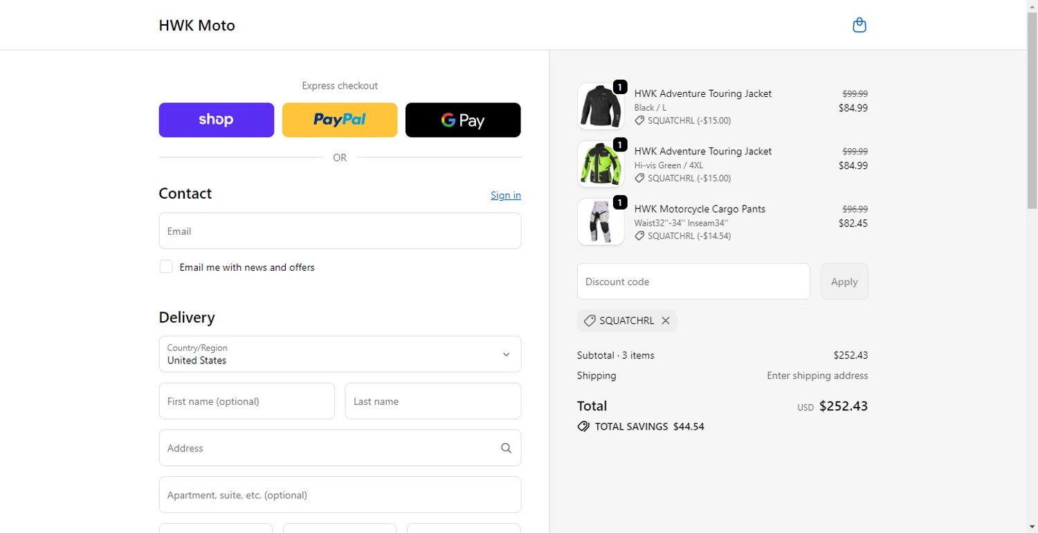 HWK Moto promo code screenshot showing code SQUATCHRL applied at HWK Moto checkout page. Uploaded by SimplyCodes community member CodeTitan6120 on Dec 3, 2025