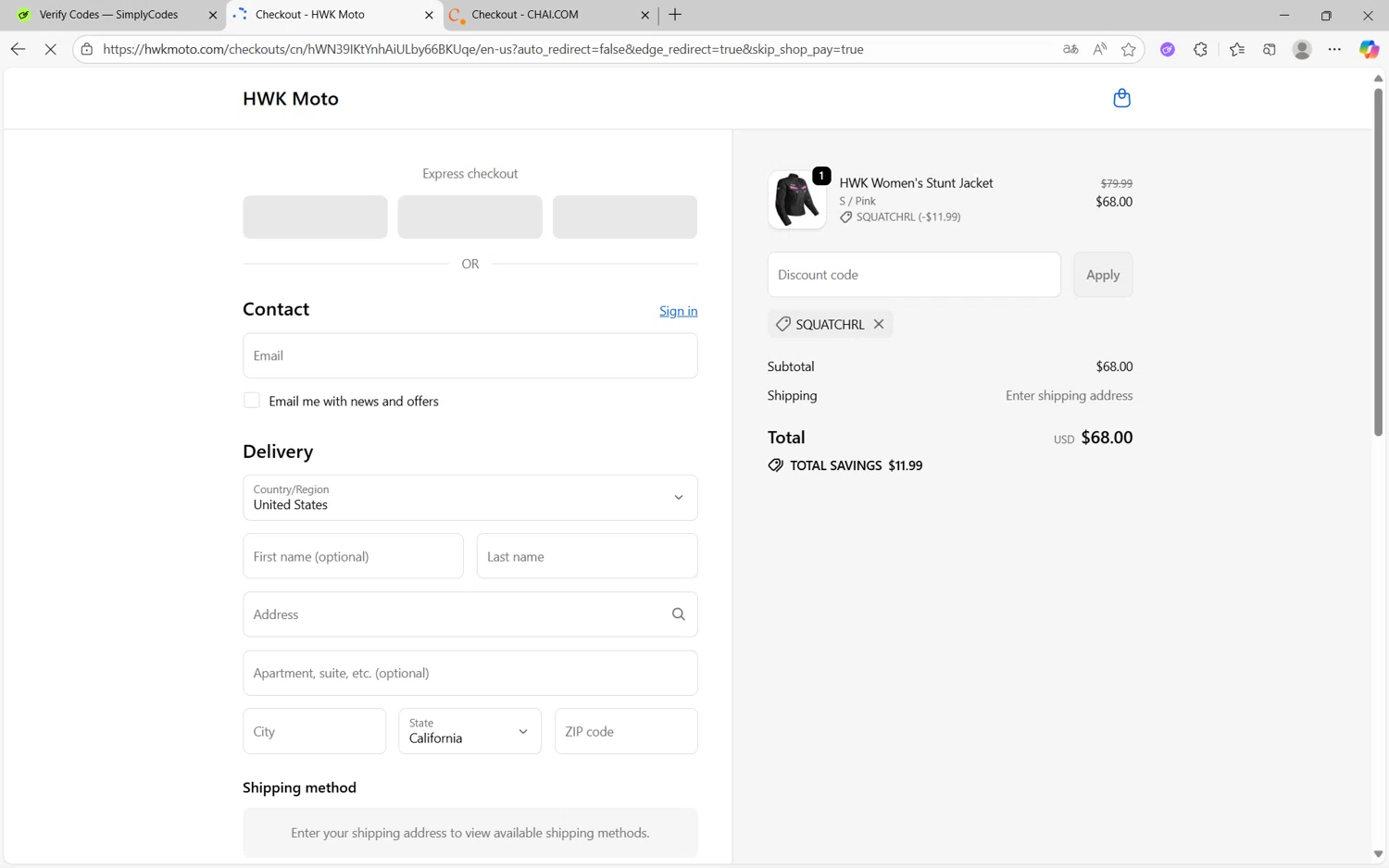 HWK Moto promo code screenshot showing code SQUATCHRL applied at HWK Moto checkout page. Uploaded by SimplyCodes community member frijolito on Sep 19, 2025