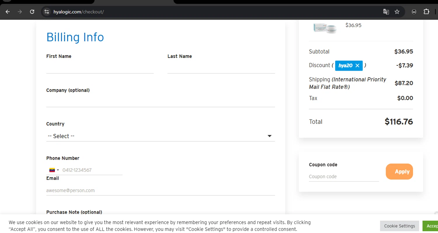Hyalogic coupon code screenshot showing code HYA20 applied at Hyalogic checkout page. Uploaded by SimplyCodes community member RoyalSpotter5217 on Jun 6, 2025