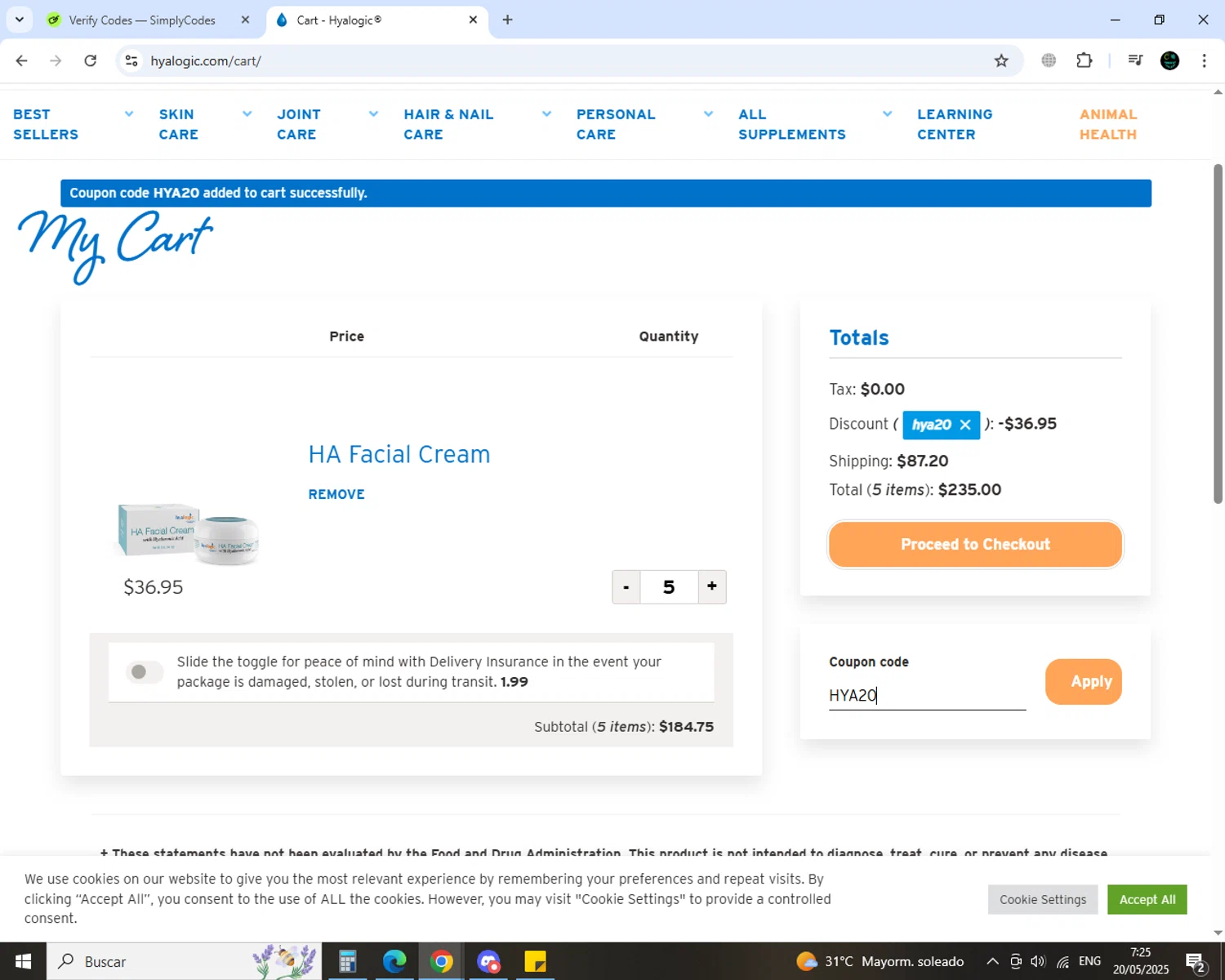Hyalogic coupon code screenshot showing code HYA20 applied at Hyalogic checkout page. Uploaded by SimplyCodes community member MoneyGenius452 on May 20, 2025