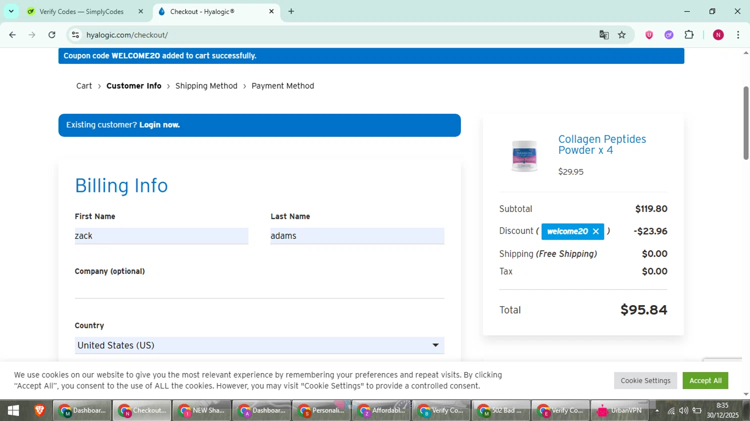 Hyalogic coupon code screenshot showing code WELCOME20 applied at Hyalogic checkout page. Uploaded by SimplyCodes community member CoinWizard8578 on Dec 30, 2025