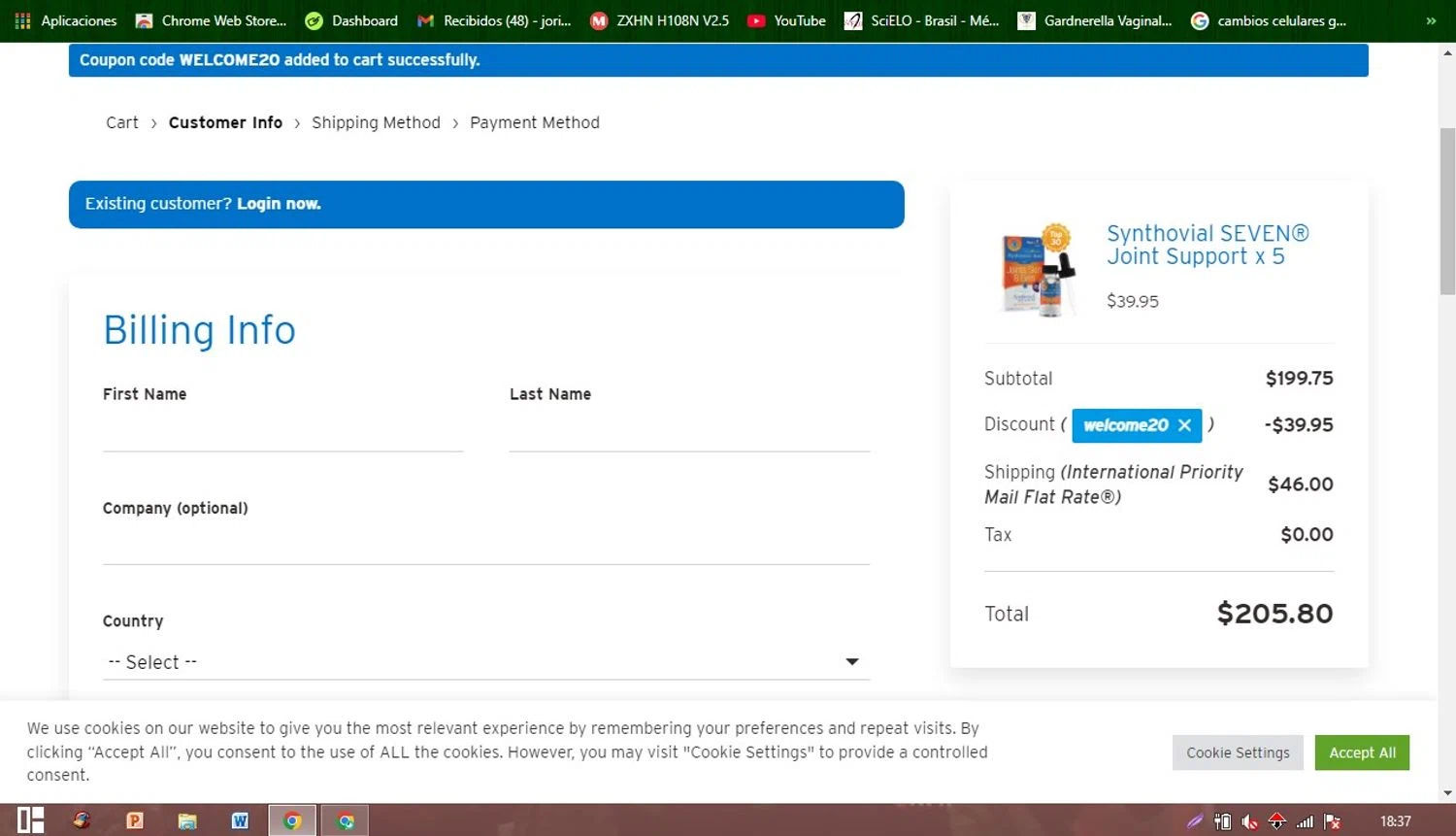 Hyalogic coupon code screenshot showing code WELCOME20 applied at Hyalogic checkout page. Uploaded by SimplyCodes community member Patobel on Jun 13, 2025