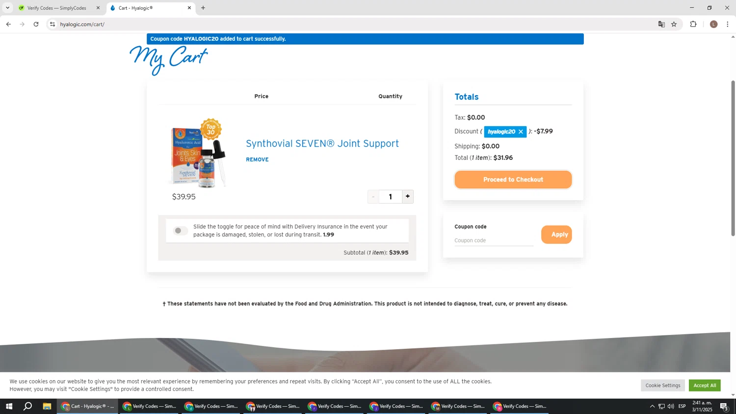Hyalogic coupon code screenshot showing code HYALOGIC20 applied at Hyalogic checkout page. Uploaded by SimplyCodes community member BENELLI on Nov 3, 2025