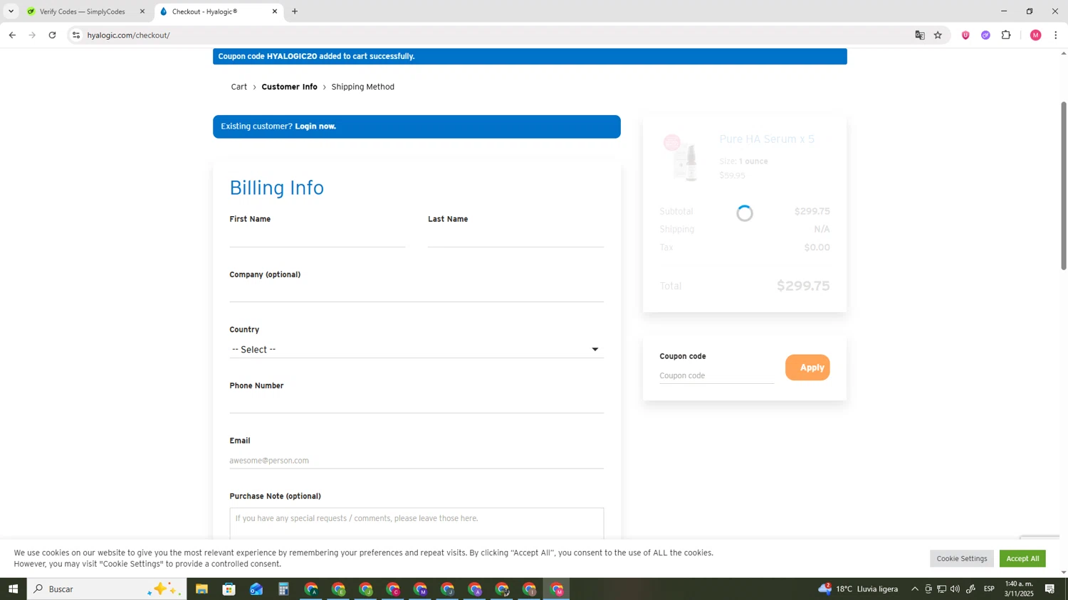 Hyalogic coupon code screenshot showing code HYALOGIC20 applied at Hyalogic checkout page. Uploaded by SimplyCodes community member CBR600 on Nov 3, 2025