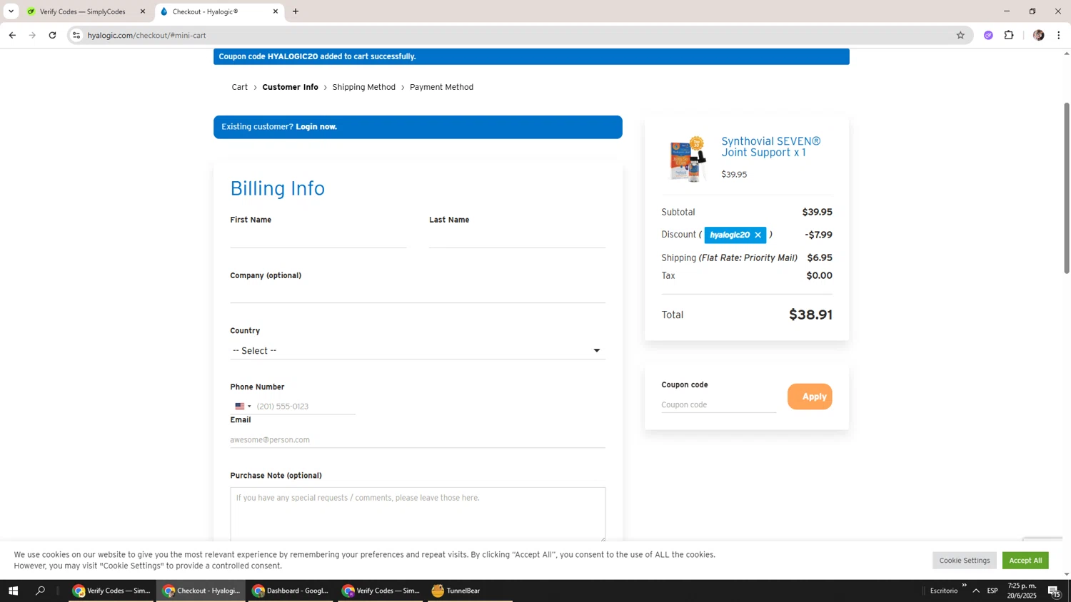 Hyalogic coupon code screenshot showing code HYALOGIC20 applied at Hyalogic checkout page. Uploaded by SimplyCodes community member Levi_Ackerman on Jun 20, 2025