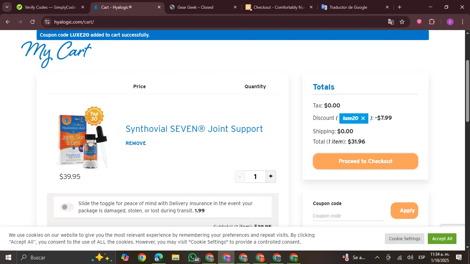 Hyalogic coupon code screenshot showing code LUXE20 applied at Hyalogic checkout page. Uploaded by SimplyCodes community member FrugalPro5078 on Oct 1, 2025