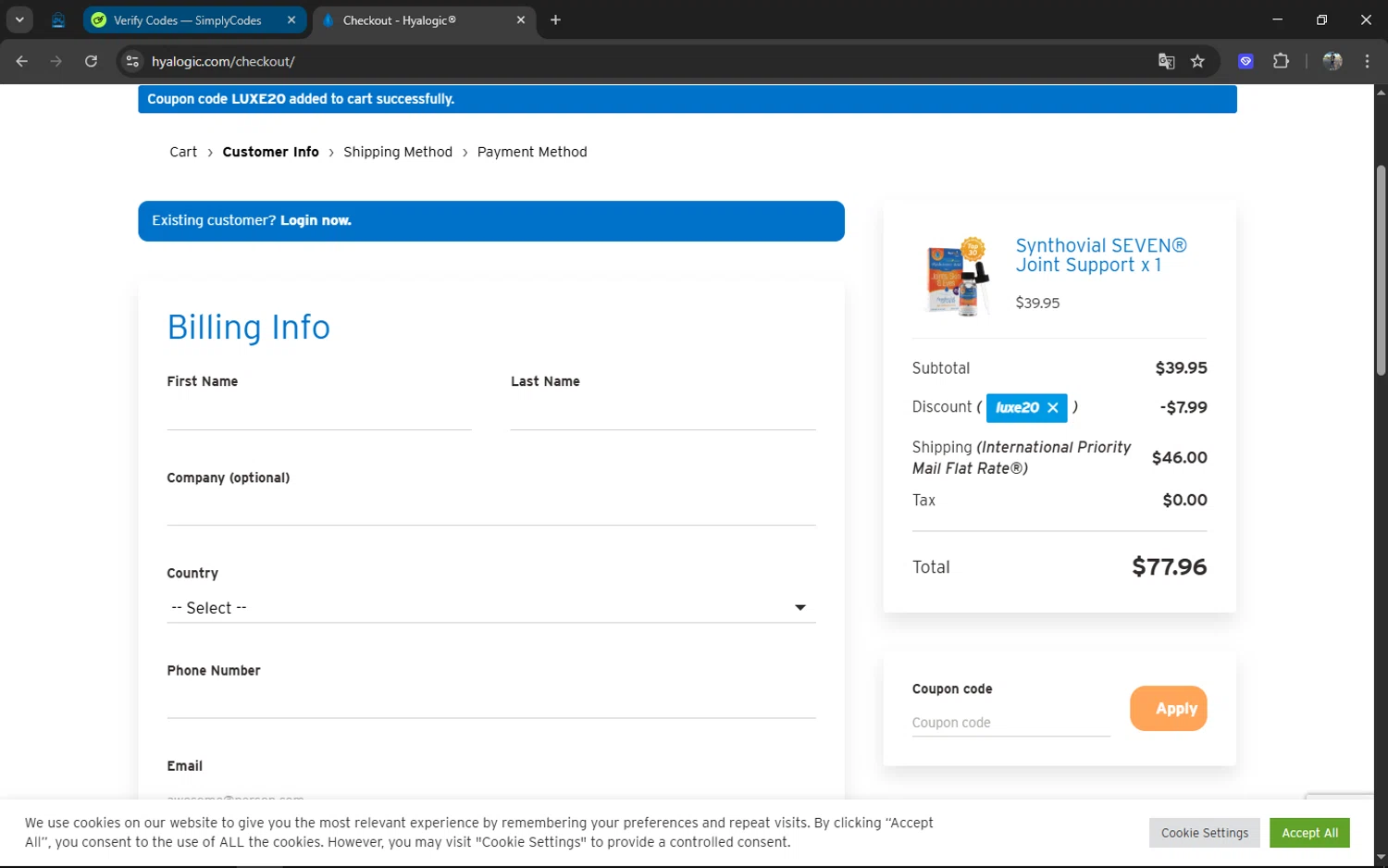 Hyalogic coupon code screenshot showing code LUXE20 applied at Hyalogic checkout page. Uploaded by SimplyCodes community member XXXTENTACION on Mar 15, 2025