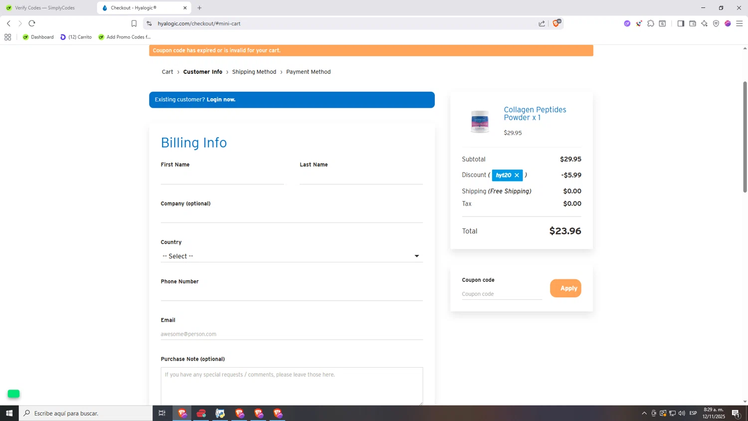 Hyalogic coupon code screenshot showing code HYT20 applied at Hyalogic checkout page. Uploaded by SimplyCodes community member Nezukooo on Nov 12, 2025