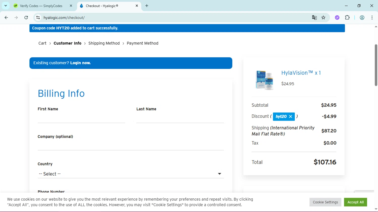 Hyalogic coupon code screenshot showing code HYT20 applied at Hyalogic checkout page. Uploaded by SimplyCodes community member Simpsince95 on Jul 30, 2025