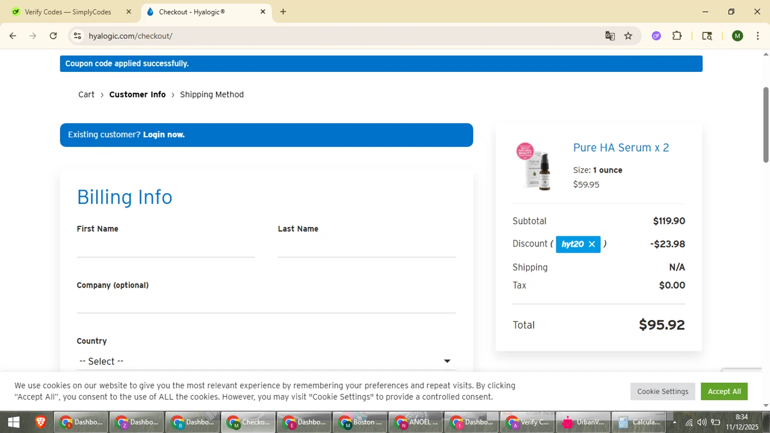 Hyalogic coupon code screenshot showing code HYT20 applied at Hyalogic checkout page. Uploaded by SimplyCodes community member loversuper on Dec 11, 2025