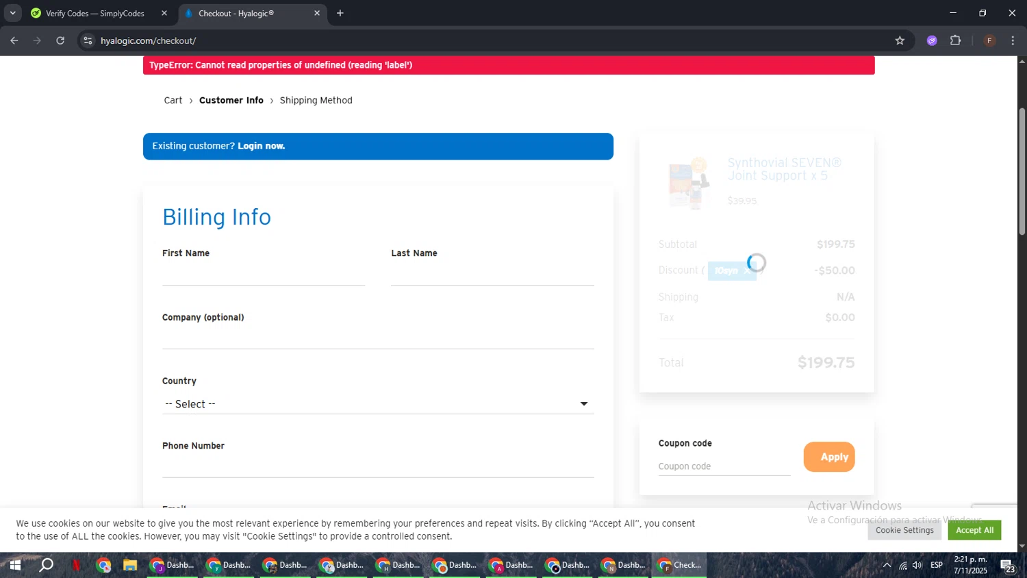 Hyalogic checkout page showing Hyalogic coupon code box | Screenshot taken by SimplyCodes community member on Nov 7, 2025